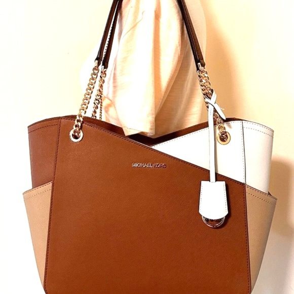 Michael Kors Brown Leather Camel Colorblock Purse & Swan Rhinestone Necklace